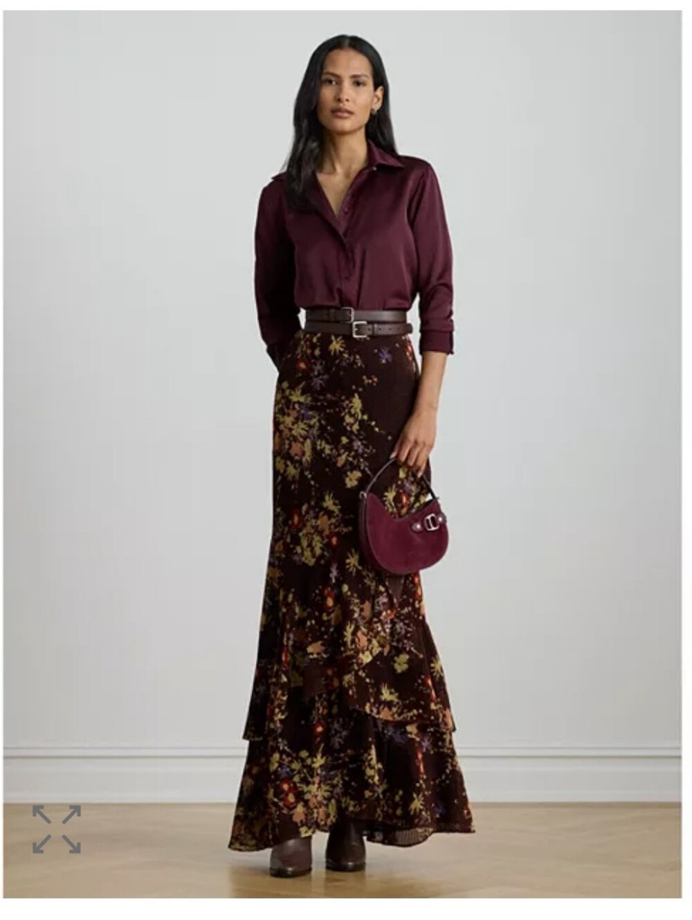 Lauren Ralph Lauren Brown Floral Burnout Velvet Tiered Maxi Skirt NWT Size 10